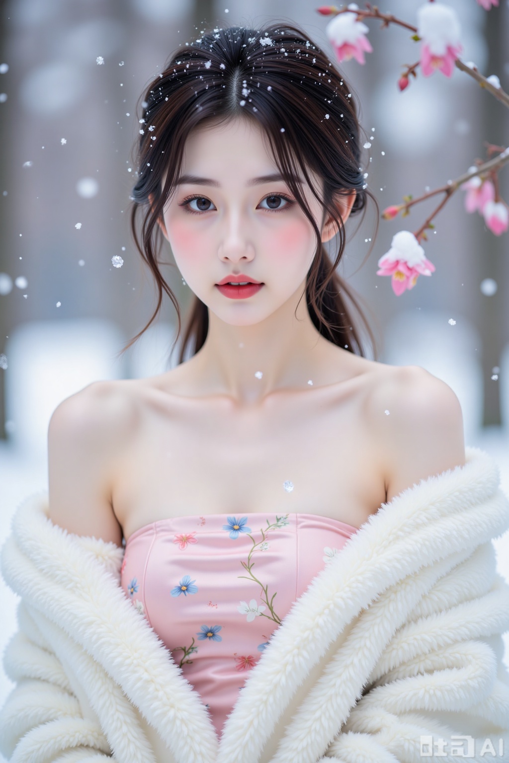 Realistic photo, a young woman with fashionable hairstyle, fair skin, big breasts, off-shoulder pattern silk pink strapless breasts, white marten coat, upper body, (falling snow), (heavy snow), (wintersweet flowers),