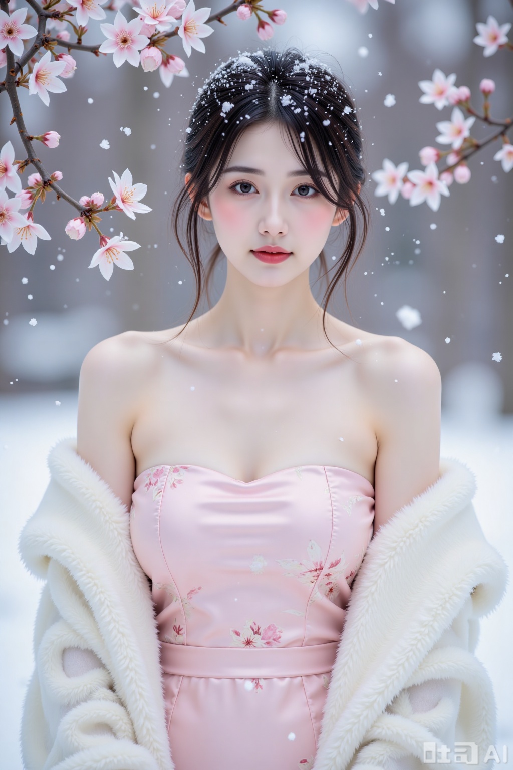 Realistic photo, a young woman with fashionable hairstyle, fair skin, big breasts, off-shoulder pattern silk pink strapless breasts, white marten coat, upper body, (falling snow), (heavy snow), (wintersweet flowers),