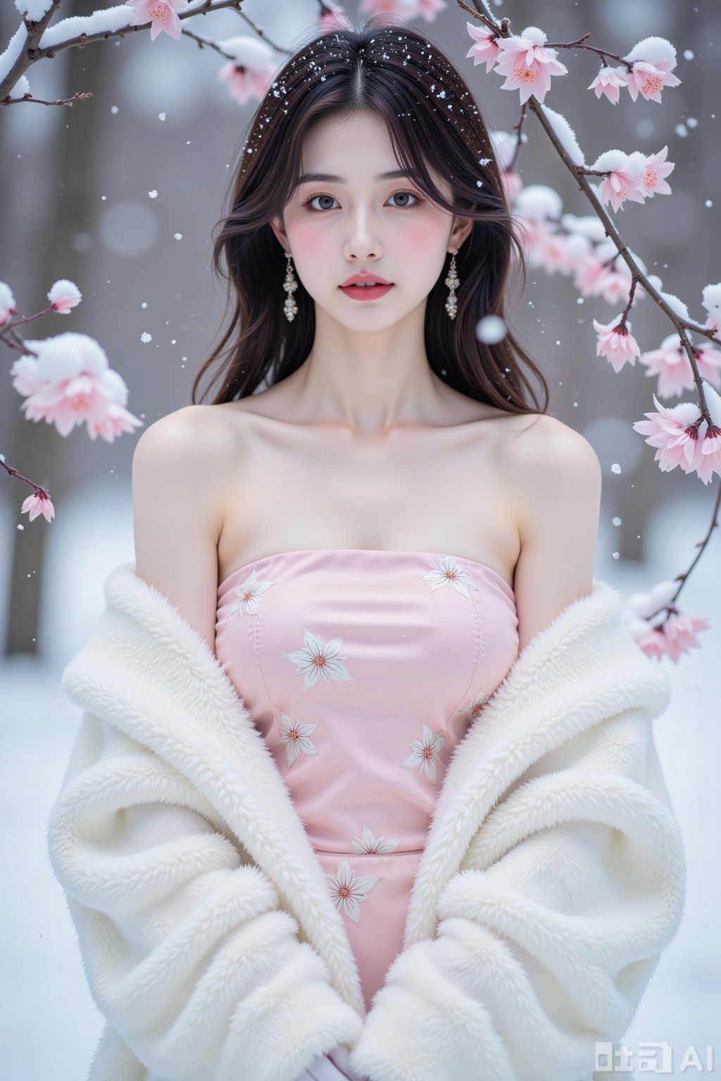 Realistic photo, a young woman with fashionable hairstyle, fair skin, big breasts, off-shoulder pattern silk pink strapless breasts, white marten coat, upper body, (falling snow), (heavy snow), (wintersweet flowers),