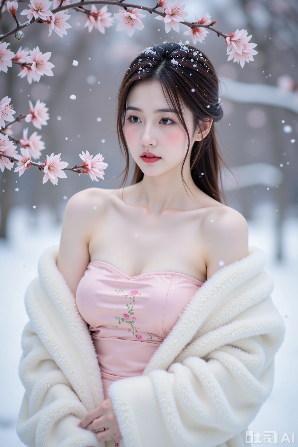 Realistic photo, a young woman with fashionable hairstyle, fair skin, big breasts, off-shoulder pattern silk pink strapless breasts, white marten coat, upper body, (falling snow), (heavy snow), (wintersweet flowers),