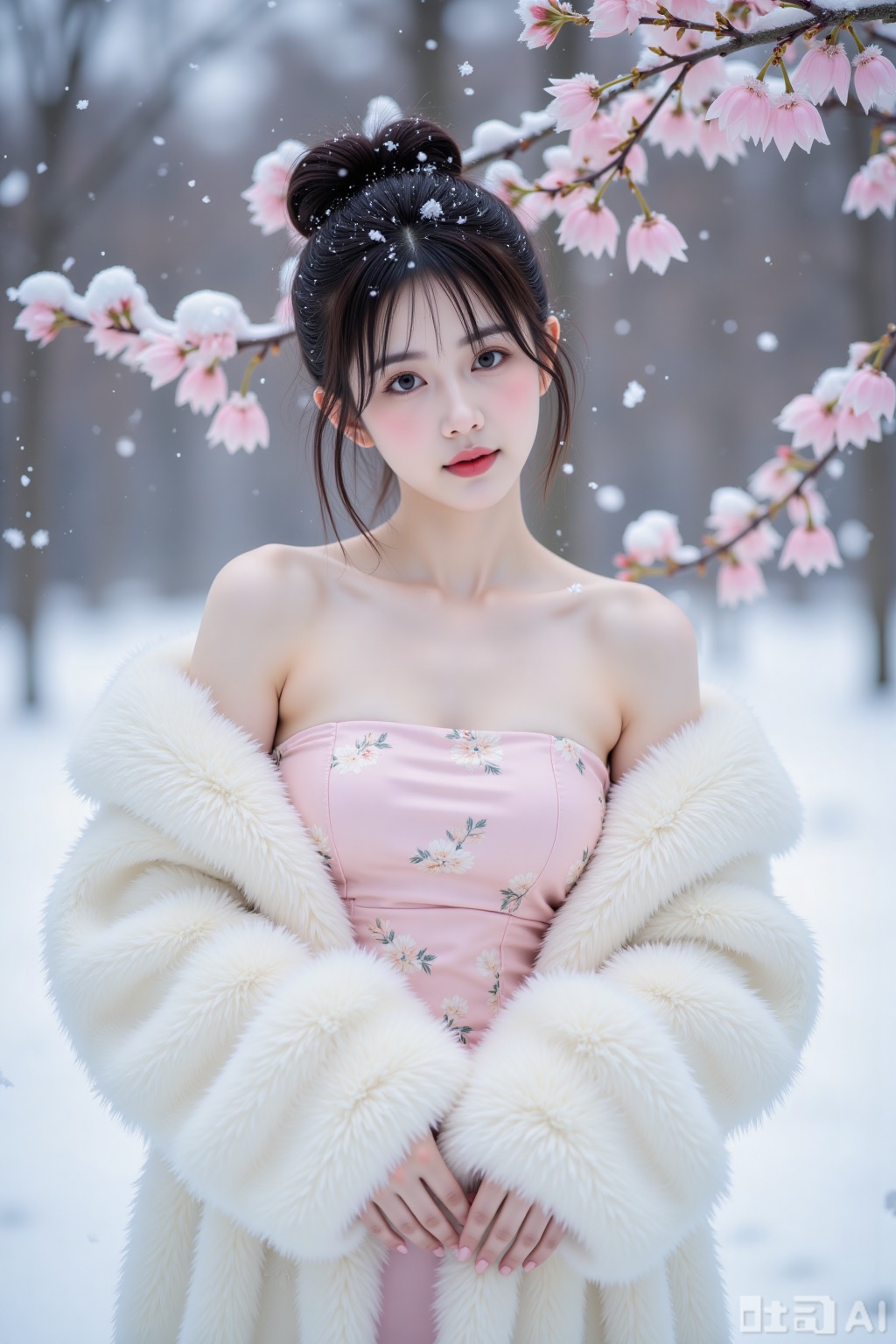 Realistic photo, a young woman with fashionable hairstyle, fair skin, big breasts, off-shoulder pattern silk pink strapless breasts, white marten coat, upper body, (falling snow), (heavy snow), (wintersweet flowers),