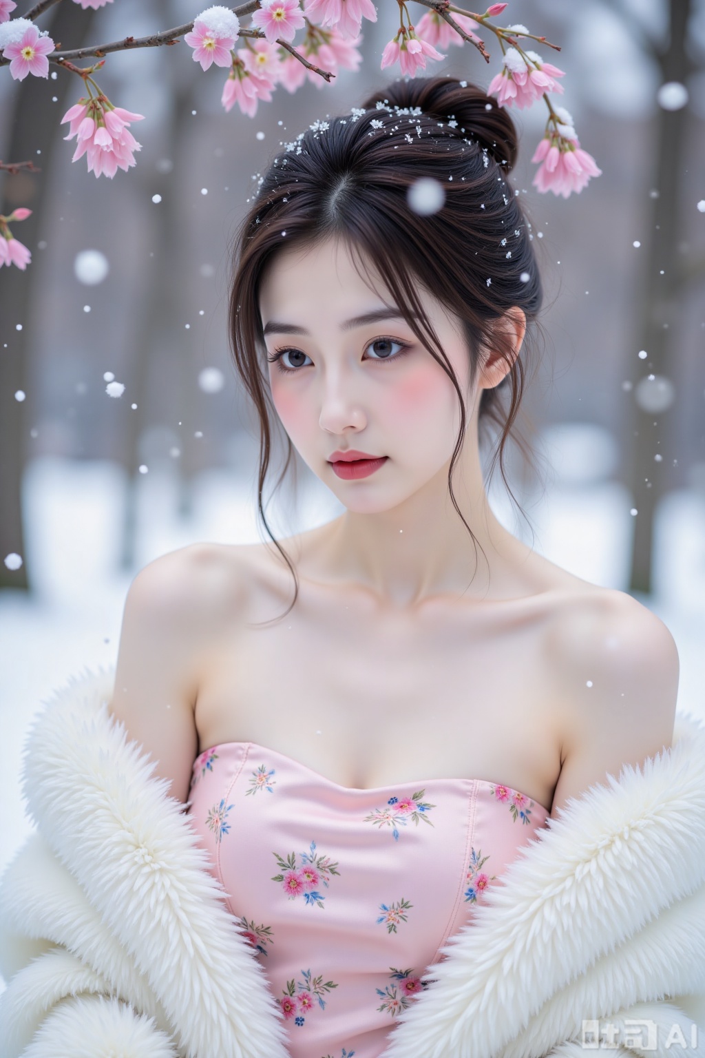Realistic photo, a young woman with fashionable hairstyle, fair skin, big breasts, off-shoulder pattern silk pink strapless breasts, white marten coat, upper body, (falling snow), (heavy snow), (wintersweet flowers),