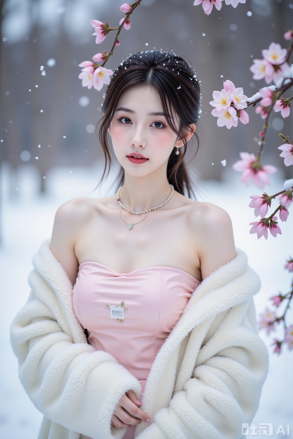 Realistic photo, a young woman with fashionable hairstyle, fair skin, big breasts, off-shoulder pattern silk pink strapless breasts, white marten coat, upper body, (falling snow), (heavy snow), (wintersweet flowers),