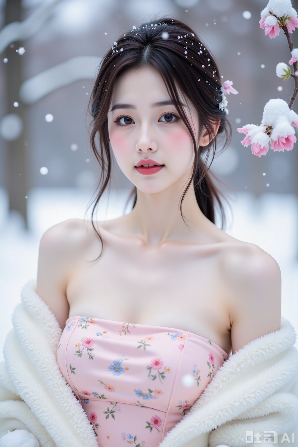 Realistic photo, a young woman with fashionable hairstyle, fair skin, big breasts, off-shoulder pattern silk pink strapless breasts, white marten coat, upper body, (falling snow), (heavy snow), (wintersweet flowers),