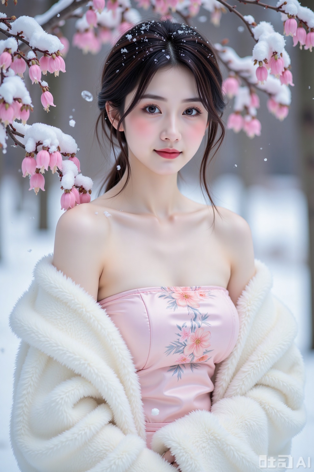 Realistic photo, a young woman with fashionable hairstyle, fair skin, big breasts, off-shoulder pattern silk pink strapless breasts, white marten coat, upper body, (falling snow), (heavy snow), (wintersweet flowers),