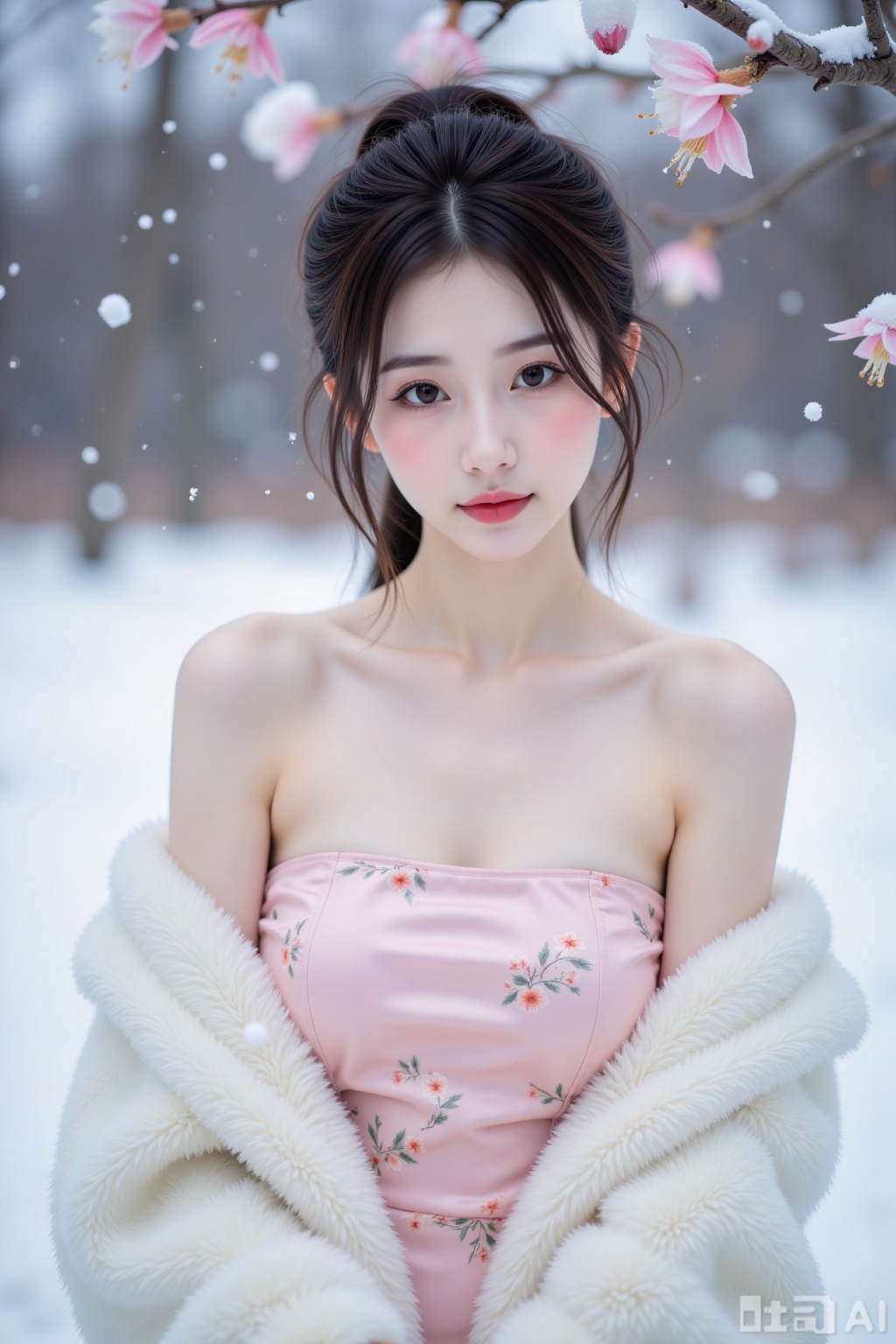 Realistic photo, a young woman with fashionable hairstyle, fair skin, big breasts, off-shoulder pattern silk pink strapless breasts, white marten coat, upper body, (falling snow), (heavy snow), (wintersweet flowers),