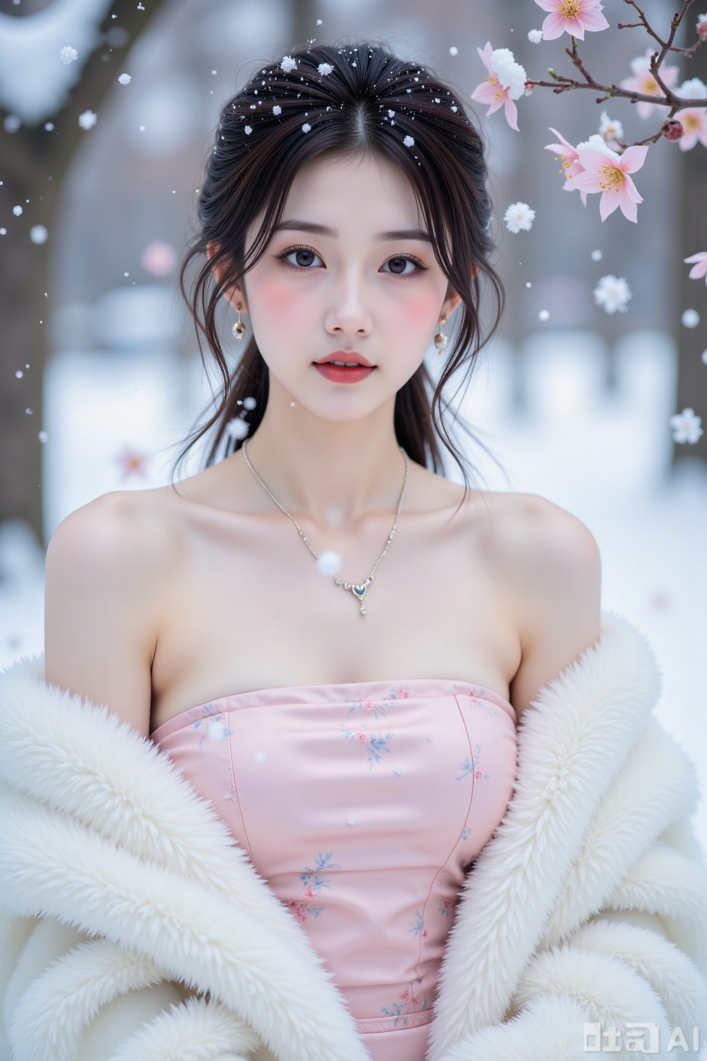 Realistic photo, a young woman with fashionable hairstyle, fair skin, big breasts, off-shoulder pattern silk pink strapless breasts, white marten coat, upper body, (falling snow), (heavy snow), (wintersweet flowers),