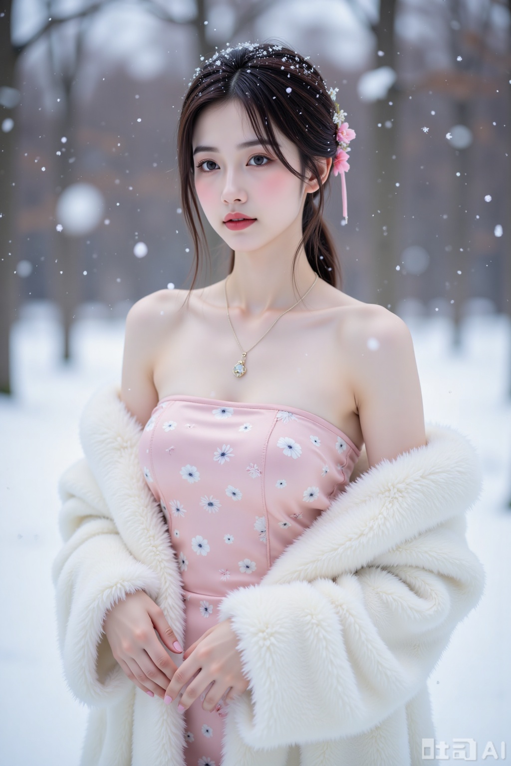 Realistic photo, a young woman with fashionable hairstyle, fair skin, big breasts, off-shoulder pattern silk pink strapless breasts, white marten coat, upper body, (falling snow), (heavy snow), (wintersweet flowers),