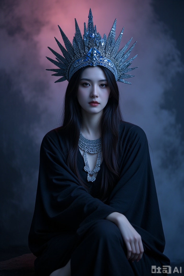 This is a highly detailed, CGI-rendered photograph of a young woman with an ethereal, otherworldly appearance. She sits in a misty, ethereal setting, with a dark, smoky background that transitions to a soft pink hue at the top. Her skin is pale, accentuating her delicate features, and she has large, dark eyes with a subtle, mysterious expression. Her hair is dark and long, cascading down her back, partially hidden by her elaborate headdress.

The headdress is the focal point of the image, an ornate, metallic crown adorned with intricate, shimmering patterns and multiple tiers, giving it a regal and majestic look. The crown is a mix of silver and blue tones, reflecting the light subtly, adding a sense of depth and texture.

The woman wears a long, black robe that drapes elegantly over her body, with a texture that suggests a soft, silky fabric. Around her neck is a large, layered necklace made of silver and gemstones, adding to the opulent and fantastical atmosphere of the image. The overall color palette is dominated by shades of black, silver, and blue, with subtle hints of pink and purple.

The image combines elements of fantasy and mysticism, creating a surreal and captivating visual