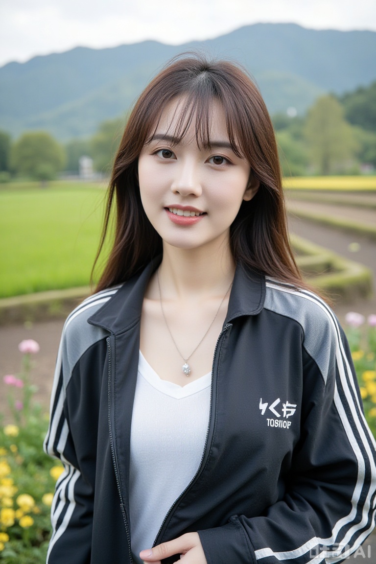 Ultra high resolution, 8k resolution, depth of field, ((realistic portrait)), exquisite facial features, perfect face, female, slightly fat, goddess, single, teacher, lipstick, smile, middle hair, brown hair, bangs, straight hair, necklace, sportswear, jacket, standing, facing viewer, spring, rice fields, flower fields, hills