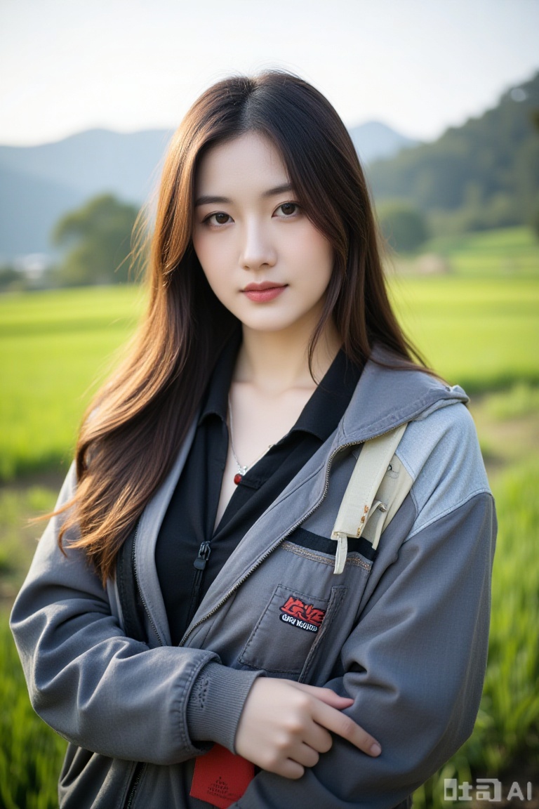 Ultra high resolution, 8k resolution, depth of field, ((realistic portrait)), exquisite facial features, perfect face, female, slightly fat, goddess, single, teacher, lipstick, smile, middle hair, brown hair, bangs, straight hair, necklace, sportswear, jacket, standing, facing viewer, spring, rice fields, flower fields, hills