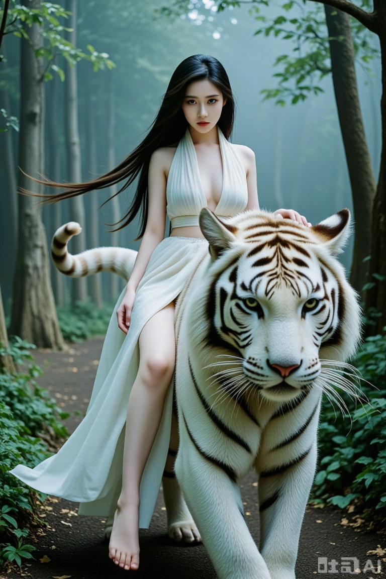 Chinese beauty, plump breasts, super realistic photos, master composition, realistic photography style, 8k resolution, high definition, visual impact, depth of field,

A stunning Asian beauty sat astride a majestic white tiger, her long black hair flowing in the wind, her confident gaze fixed on the. The tiger's powerful muscles rippled beneath its sleep fur, as it gracefully navigated through a misty forest, with leaves and vines entangled in mane. The woman's delicate legs were wrapped around the tiger's wait, her hands clenched in its fur to brace against the tiger's movements.