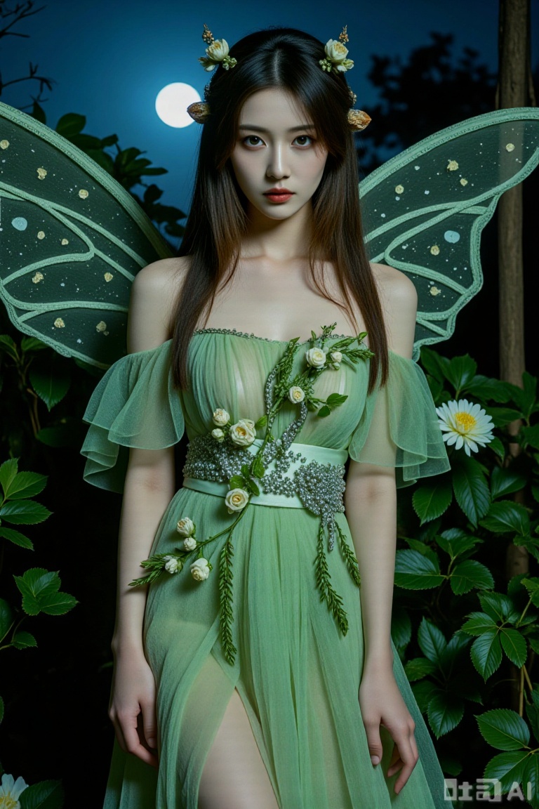 (RAW shot: 1.5, Realistic: 1.5, Mysterious Garden Midnight: 1.5, 8 thousand), (highest quality, masterpiece, ultra-high resolution), at midnight in the quiet, deep, moonlit mysterious garden ((perfect dynamic composition: 1.7, full-body blooming flowers and flying butterfly tattoos: 1.6, wear elegant accessories inlaid with night beads and petals: 1.6)), highly detailed skin and facial texture: 1.3, details of vines and dew-glittering around the limbs, (cute and sexy succubus with transparent tulle wings: 1.3, mysterious and gentle: 1.3), There are tiny horns of stamens on the head, and the light green skin seems to be integrated with the surrounding plants. She is wearing an off-shoulder dress woven from thin petals. The hem of the skirt swings gently with the breeze, and the pattern of twinkling stars is embroidered on it. It has green eyes, a hint of mystery in its eyes, a soft halo in its cheeks under the moonlight, and its super long brown curly hair is naturally dispersed, and a few blooming flowers are mixed between its hair, presented from the perspective of knee-up. The picture is full of the tranquility and fantasy atmosphere of the mysterious garden at midnight, showing the unique charm of the succubus in the mysterious garden.