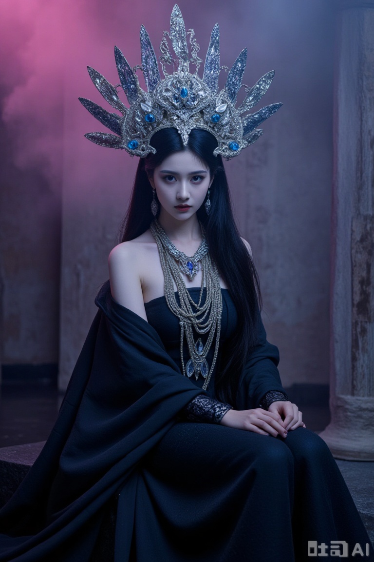 This is a highly detailed, CGI-rendered photograph of a young woman with an ethereal, otherworldly appearance. She sits in a misty, ethereal setting, with a dark, smoky background that transitions to a soft pink hue at the top. Her skin is pale, accentuating her delicate features, and she has large, dark eyes with a subtle, mysterious expression. Her hair is dark and long, cascading down her back, partially hidden by her elaborate headdress.

The headdress is the focal point of the image, an ornate, metallic crown adorned with intricate, shimmering patterns and multiple tiers, giving it a regal and majestic look. The crown is a mix of silver and blue tones, reflecting the light subtly, adding a sense of depth and texture.

The woman wears a long, black robe that drapes elegantly over her body, with a texture that suggests a soft, silky fabric. Around her neck is a large, layered necklace made of silver and gemstones, adding to the opulent and fantastical atmosphere of the image. The overall color palette is dominated by shades of black, silver, and blue, with subtle hints of pink and purple.

The image combines elements of fantasy and mysticism, creating a surreal and captivating visual