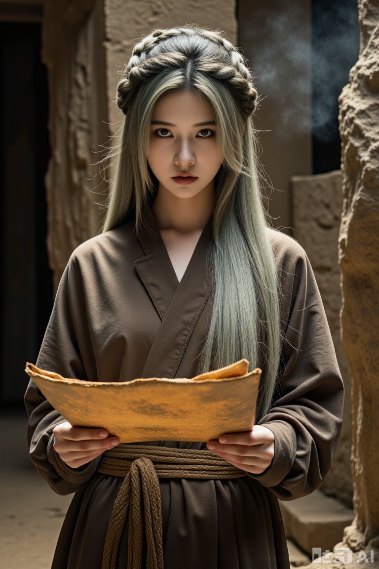 A girl, like a phantom of the ancient ruins, a wraith and an oracle, holds an aged parchment in her hand, with ash - colored hair, long and wispy tresses, an intricate braided coiffure, golden eyes, a glimmer of prophecy in her eyes, and hazy, ethereal special effects behind her. The overall appearance is brown style. Realism