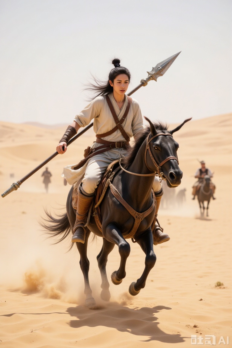 riding, weapon, black hair, desert, ant, sword, polearm, holding weapon, holding, male focus, spear, sand, saddle, long hair, topknot, soldier, outdoors, bug, dust, battle, multiple boys