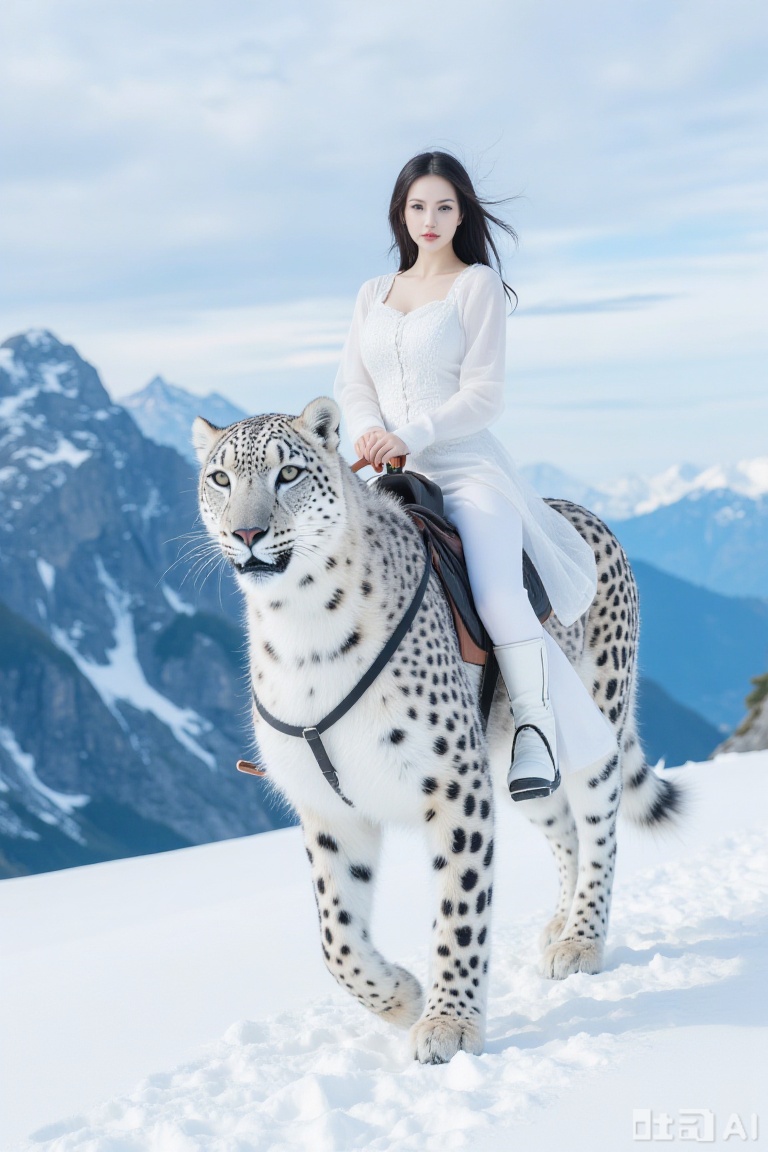 1girl, black hair, long hair, solo, mountain, boots, snow, white dress, white footwear, snow leopard, riding, outdoors, dress, day, looking at viewer