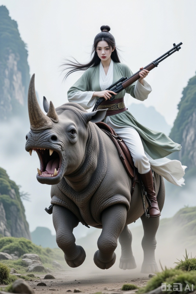 Super realistic photos, complex details, master composition, realistic photography style, 8k resolution, high definition, visual impact, depth of field,
weapon, 1girl, holding weapon, holding, long hair, gun, black hair, hair bun, holding gun, white pants, riding, pants, sash, single hair bun, open mouth, long sleeves, blurry, outdoors, fangs, rifle, topknot, boots, chinese clothes, solo, brown footwear, rhinoceros