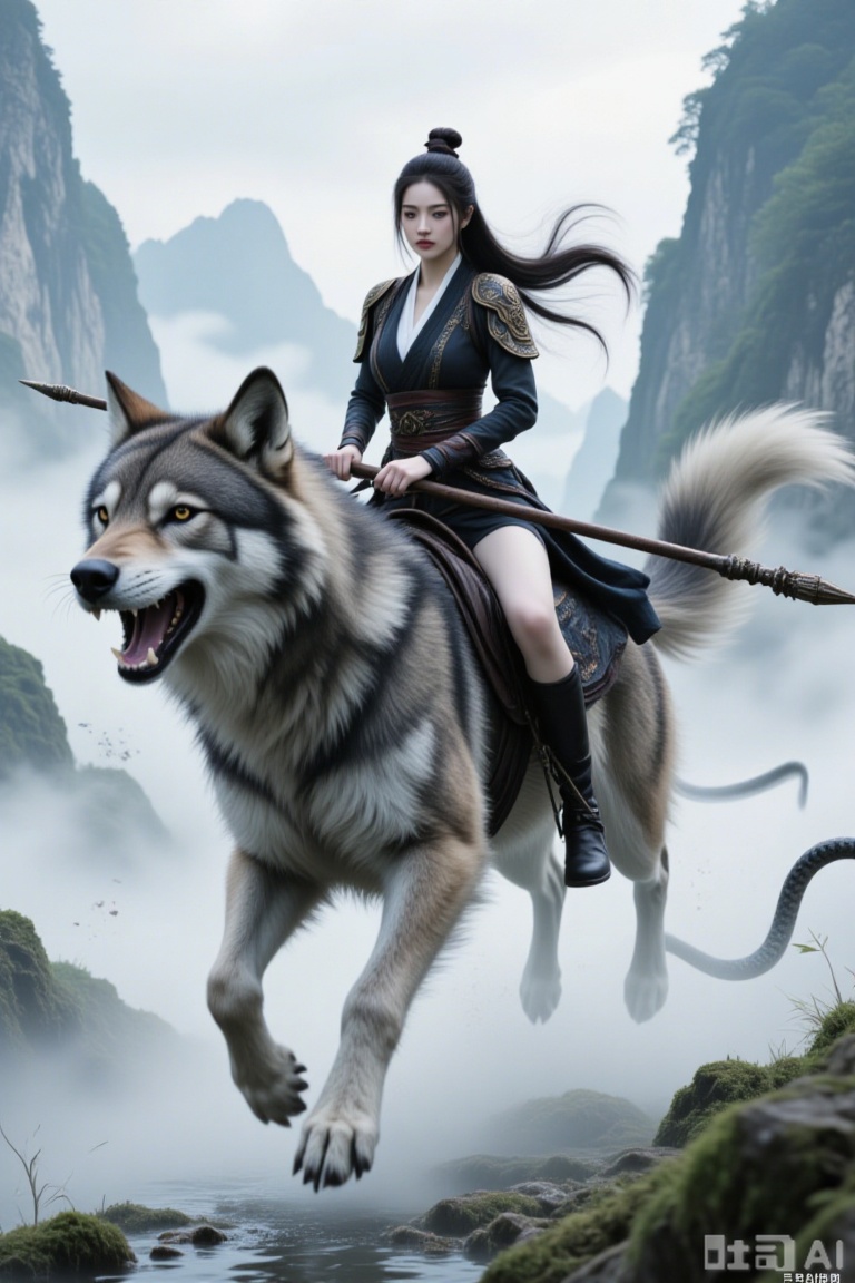 Super realistic photos, complex details, master composition, realistic photography style, 8k resolution, high definition, visual impact, depth of field,
riding, weapon, 1girl, polearm, black hair, holding, oversized wolf, holding polearm, armor, spear, animal, holding weapon, long hair, topknot, snake, lips, shoulder armor, fangs, black footwear, boots, solo, signature