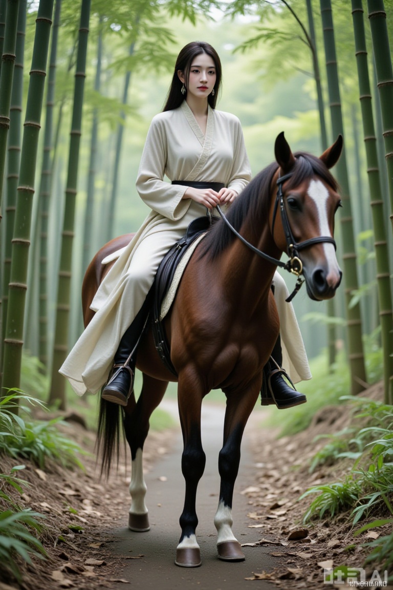 Super realistic photos, complex details, master composition, realistic photography style, 8k resolution, high definition, visual impact, depth of field,
1girl, horse, bamboo, black hair, nature, forest, bamboo forest, riding, horseback riding, long hair, earrings, jewelry, solo, outdoors, watermark, boots