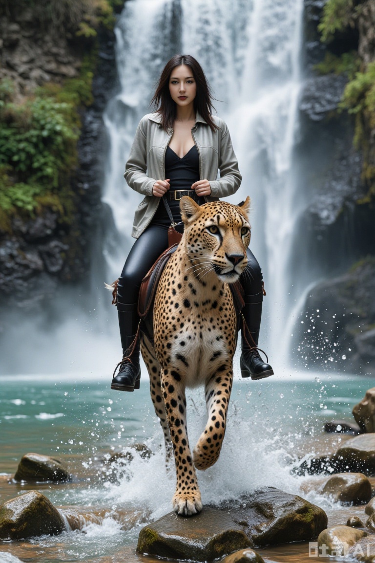 1girl, black hair, boots, riding, rock, water, cheetah, long hair, belt, solo, waterfall, river