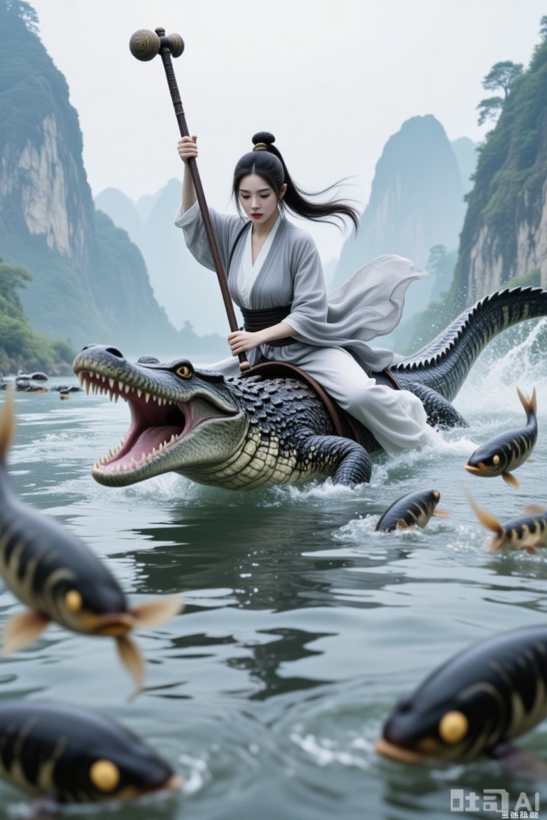 Super realistic photos, complex details, master composition, realistic photography style, 8k resolution, high definition, visual impact, depth of field,
1girl, weapon, riding, black hair, ponytail, long hair, holding, holding weapon, water, fish, japanese clothes, open mouth, animal, outdoors, mace, sword, solo, crocodile, blurry foreground