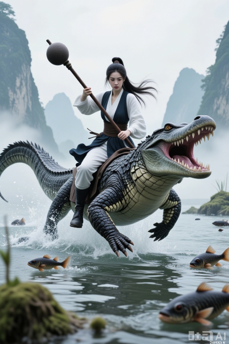 Super realistic photos, complex details, master composition, realistic photography style, 8k resolution, high definition, visual impact, depth of field,
1girl, weapon, riding, black hair, ponytail, long hair, holding, holding weapon, water, fish, japanese clothes, open mouth, animal, outdoors, mace, sword, solo, crocodile, blurry foreground