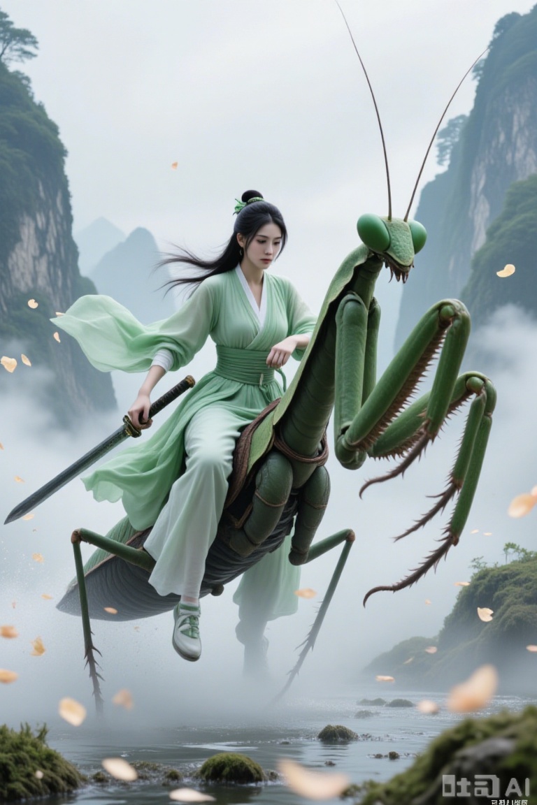 Super realistic photos, complex details, master composition, realistic photography style, 8k resolution, high definition, visual impact, depth of field,
sword, weapon, black hair, long hair, riding, 1girl, katana, flower, hair bun, solo, petals, mantis