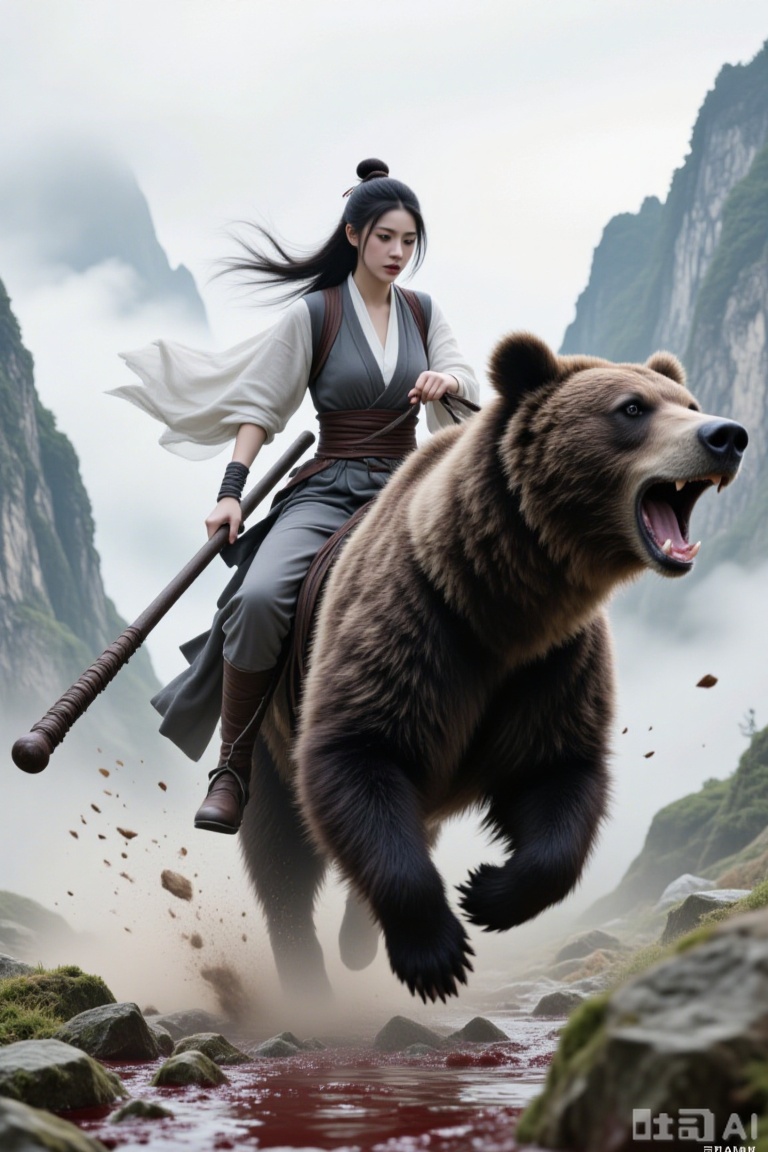 Super realistic photos, complex details, master composition, realistic photography style, 8k resolution, high definition, visual impact, depth of field,
weapon, riding, black hair, 1girl, holding, male focus, holding weapon, long hair, outdoors, bear, club \(weapon\), single hair bun, mountain, open mouth, blood, rock, hair bun