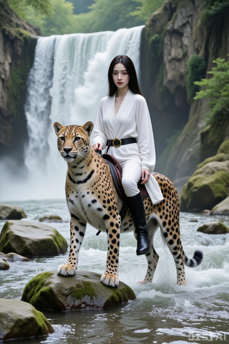 1girl, black hair, boots, riding, rock, water, cheetah, long hair, belt, solo, waterfall, river