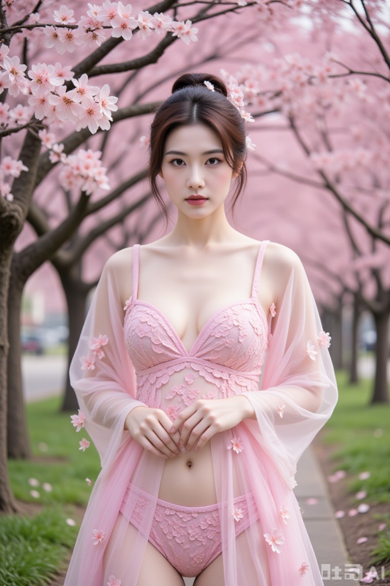 Super realistic photos, complex details, master composition, realistic photography style, 8k resolution, high definition, visual impact, depth of field,
1girl, solo, cherry blossoms, flower, breasts, hair bun, brown hair, tree, see-through, pink dress, blurry, dress, outdoors, blurry background, standing, hair ornament, single hair bun, underwear, looking at viewer, hair flower, petals, brown eyes, grass, parted lips, panties