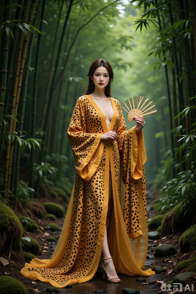 Super realistic photos, complex details, master composition, realistic photography style, 8k resolution, high definition, visual impact, depth of field,
1girl, animal print, hand fan, nature, bamboo, high heels, forest, earrings, breasts, solo, jewelry, tiger print, holding, holding fan, long hair, dress, standing, brown hair, outdoors, bamboo forest, full body, folding fan
