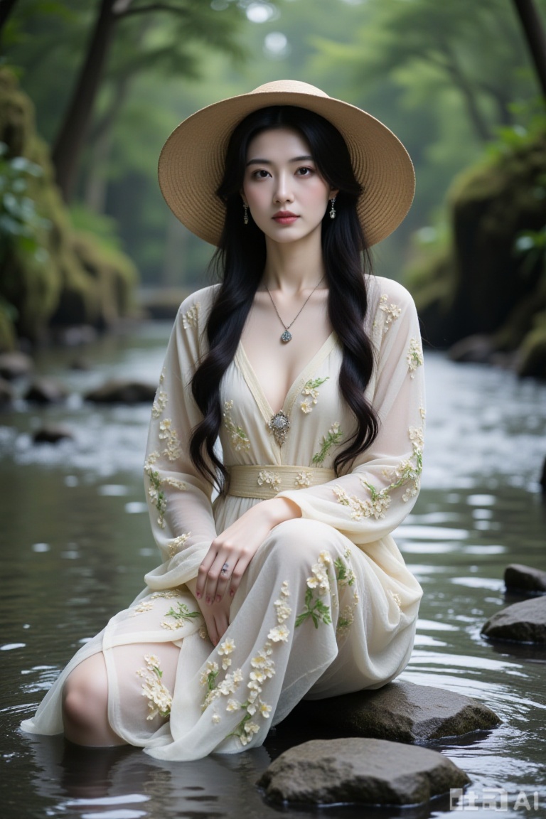Super realistic photos, complex details, master composition, realistic photography style, 8k resolution, high definition, visual impact, depth of field,
1girl, breasts, hat, jewelry, solo, black hair, earrings, water, dress, necklace, long hair, ring, braid, blurry, blurry background, outdoors, looking at viewer, nature, flower, sun hat, rock, see-through, brown eyes, sitting