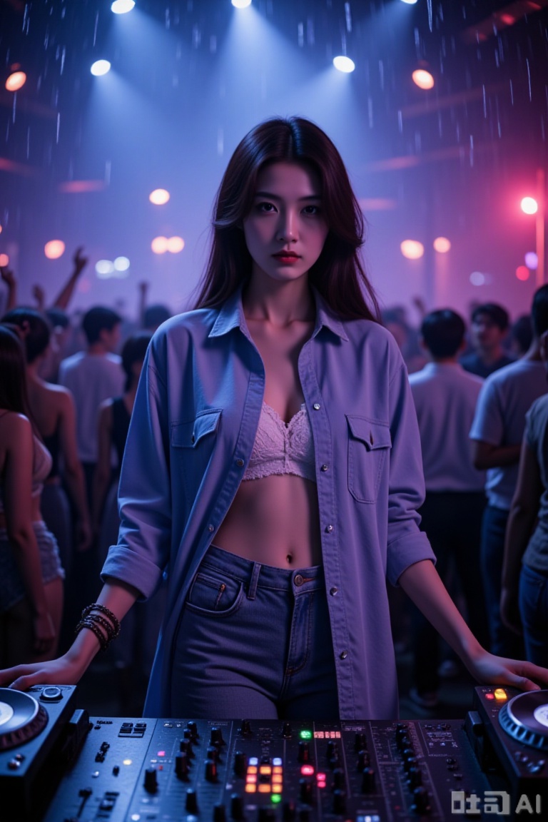 Super realistic photos, complex details, master composition, realistic photography style, 8k resolution, high definition, visual impact, depth of field,
Nightclub girl,1girl, solo,short hair,black hair, navel, brown eyes, hair over one eye,midriff, pants,denim, jeans, realistic,panties,lace panties,white panties, nightclub, lights, dancing, crowd,electronic mixing console during rainfall,blue shirt