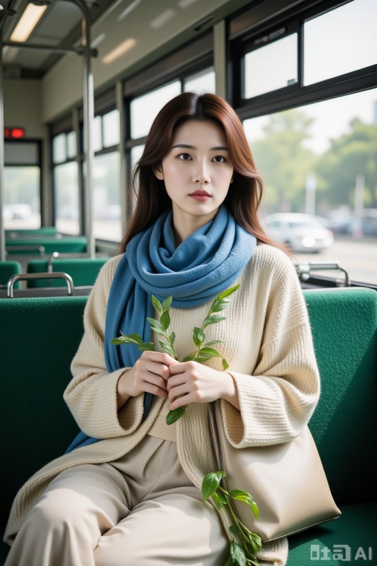 Super realistic photos, complex details, master composition, realistic photography style, 8k resolution, high definition, visual impact, depth of field,
a young Asian woman is seated on a green seat on a bus. She is wearing a cream-colored sweater, a blue scarf around her neck, and her brown hair cascades over her shoulders. She's looking off to the right, with a bag in front of her, adding a touch of contrast to her outfit. The bag is a light beige, and she's holding a green plant. The background is blurred, suggesting a sunny day.