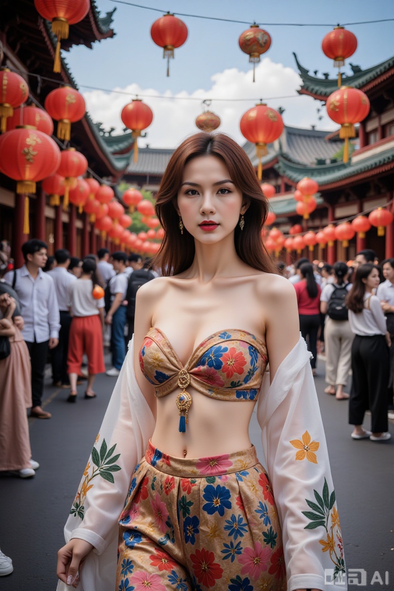 Super realistic photos, complex details, master composition, realistic photography style, 8k resolution, high definition, visual impact, depth of field,
navel, jewelry, lantern, paper lantern, brown hair, breasts, day, earrings, brown eyes, outdoors, crowd, bare shoulders, 1girl, midriff, long hair, architecture, collarbone, solo focus, sky, walking, east asian architecture, shirt, parted lips, cloud, standing, multiple boys, lips, blue sky, multicolored clothes, skirt, white shirt, pants, short sleeps, people, festival, cowboy shot, 6+boys, blurry, street