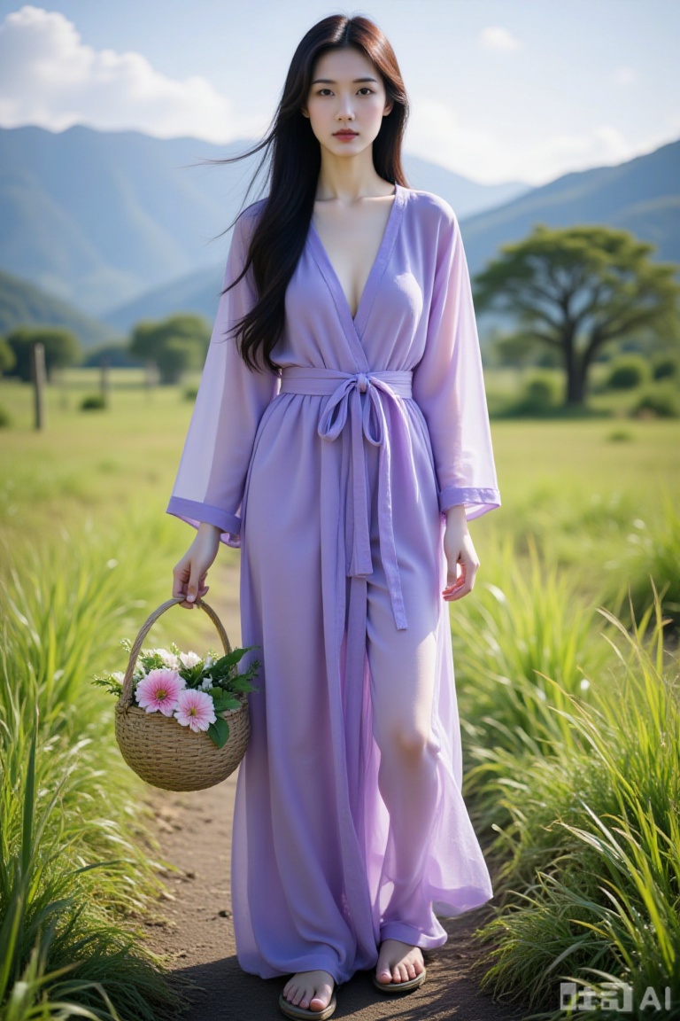 Super realistic photos, complex details, master composition, realistic photography style, 8k resolution, high definition, visual impact, depth of field,
1girl, solo, outdoors, breasts, grass, holding basket, day, standing, holding, basket, long hair, flower, sandals, looking at viewer, brown eyes, robe, brown hair, no bra, lips, full body, see-through, black hair, sky, tree, dress, mountain, purple dress