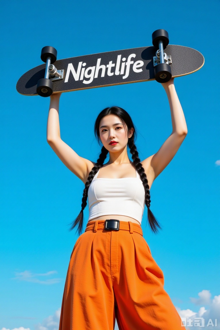 Super realistic photos, complex details, master composition, realistic photography style, 8k resolution, high definition, visual impact, depth of field,
This photo is a highly detailed digital artwork depicting an eye-catching young woman. The young woman with East Asian features stands against a vivid blue sky. She has long black hair tied into two braids that fall down her back. Her makeup is bold, featuring striking red lipstick and heavy eyeliner, giving a dramatic feel. She wears a white vest top that shows off her toned arms and a small tattoo on her left shoulder. Her outfit includes high-waisted loose orange pants, cinched at the waist with a black belt, and she wears unique and chunky white sneakers.

The woman holds a black skateboard vertically above her head with both hands. The skateboard has white lettering in bold, block font reading "Nightlife." She has a confident, almost playful expression as she gazes directly at the camera. The background is a clear, cloudless blue sky, emphasizing the bright and sunny atmosphere of the scene. The photo is well-lit, with natural sunlight casting soft shadows that enhance the vibrant colors and textures of her outfit and the skateboard.