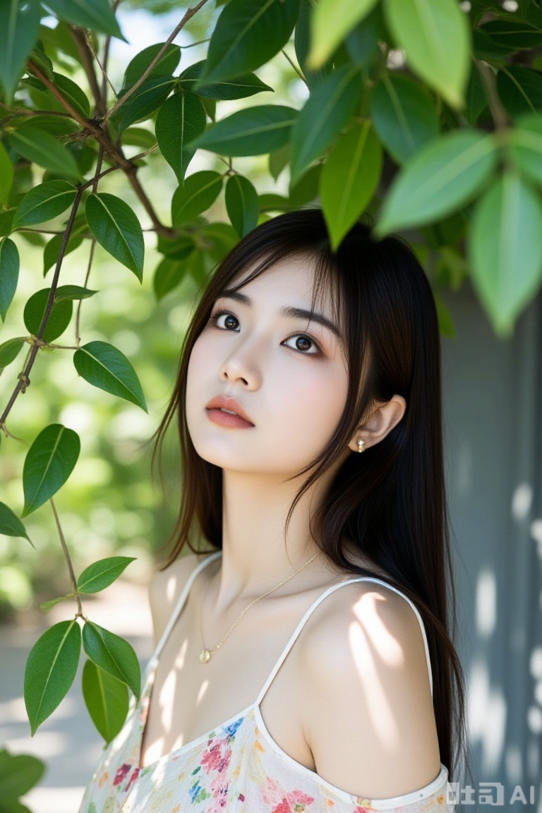 photograph Retro movie style film photography,  . This is a photograph of a young Asian woman with fair skin and straight,...