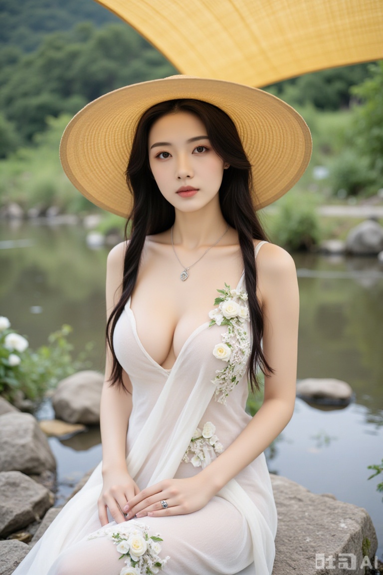 Super realistic photos, complex details, master composition, realistic photography style, 8k resolution, high definition, visual impact, depth of field,
1girl, breasts, hat, jewelry, solo, black hair, earrings, water, dress, necklace, long hair, ring, braid, blurry, blurry background, outdoors, looking at viewer, nature, flower, sun hat, rock, see-through, brown eyes, sitting