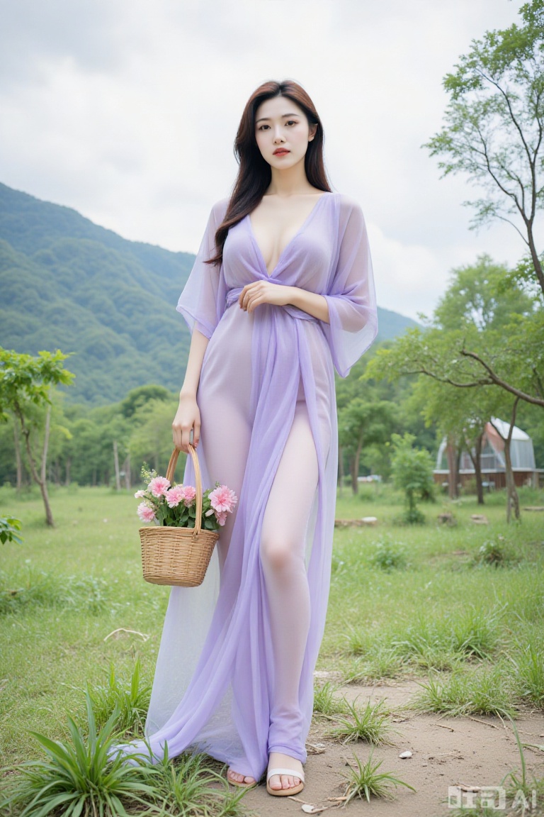 Super realistic photos, complex details, master composition, realistic photography style, 8k resolution, high definition, visual impact, depth of field,
1girl, solo, outdoors, breasts, grass, holding basket, day, standing, holding, basket, long hair, flower, sandals, looking at viewer, brown eyes, robe, brown hair, no bra, lips, full body, see-through, black hair, sky, tree, dress, mountain, purple dress