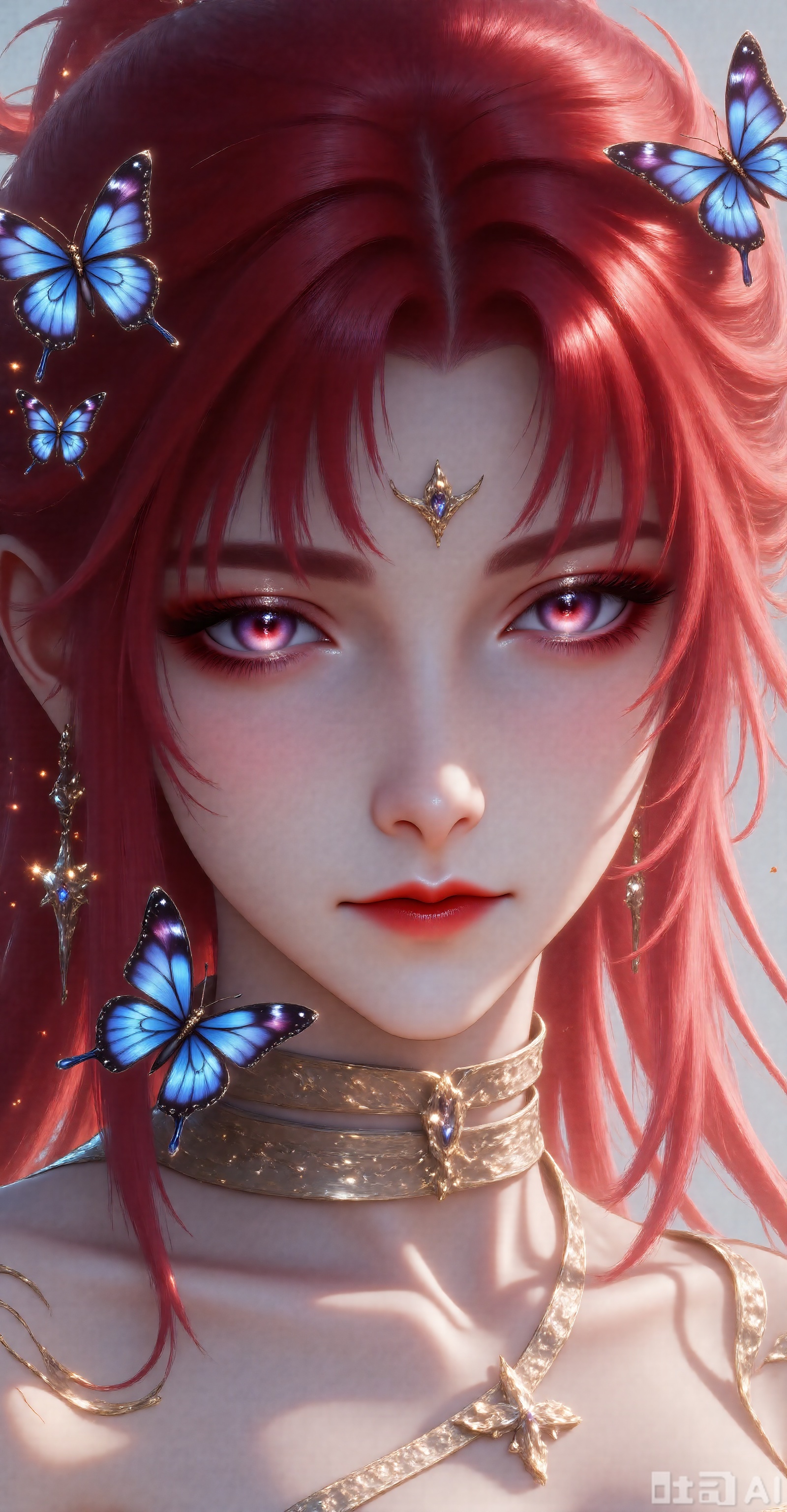 A woman with red hair has smooth and flowing hair, delicate facial skin, delicate makeup, slender eyelashes and natural pink lips. Special effects elements: A large number of blue butterflies surround the character, some stay on the cheeks and foreheads, some flying between the hair, butterfly wings flashing with a dreamy luster, and the delicate starlight effect creates an extraordinary atmosphere. The posture faces the camera, with a naughty and calm expression, with a hint of desire, giving people a feeling of immersed in beautiful fantasy.