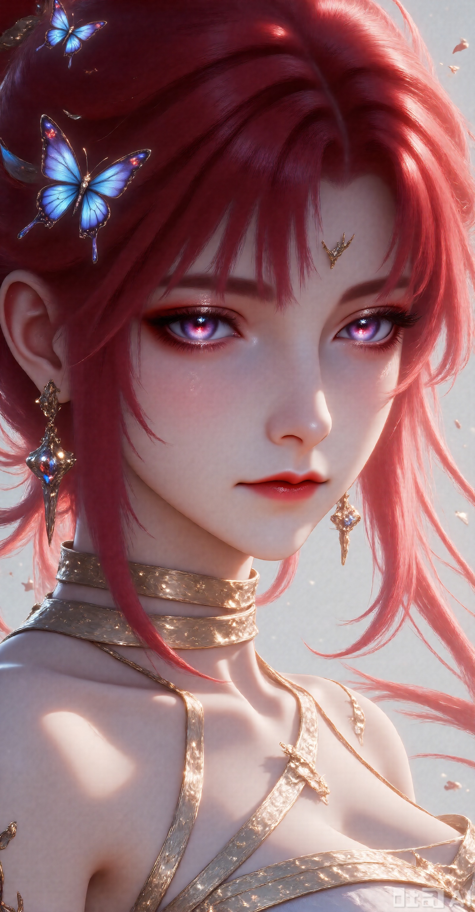 A woman with red hair has smooth and flowing hair, delicate facial skin, delicate makeup, slender eyelashes and natural pink lips. Special effects elements: A large number of blue butterflies surround the character, some stay on the cheeks and foreheads, some flying between the hair, butterfly wings flashing with a dreamy luster, and the delicate starlight effect creates an extraordinary atmosphere. The posture faces the camera, with a naughty and calm expression, with a hint of desire, giving people a feeling of immersed in beautiful fantasy.