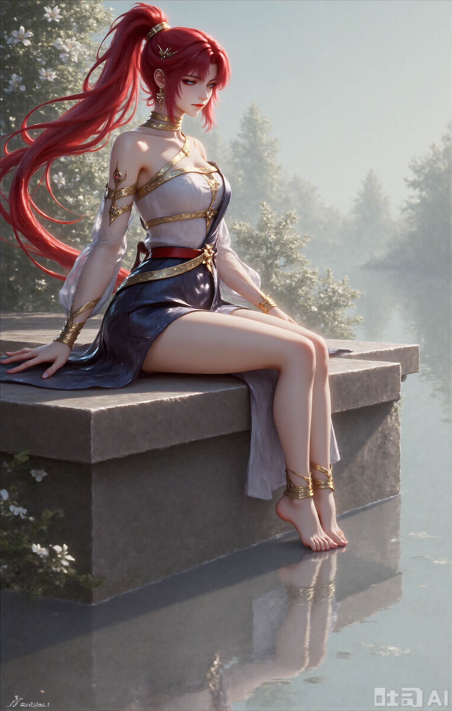 The picture depicts a quiet and dreamy scene where a woman sits on a platform of stone, next to a calm body of water. She wore a gorgeous long dress, decorated with intricate patterns and a crown that matched her noble temperament. She has long red hair, a high ponytail, hanging over her shoulders, sitting barefoot and cross-legged. The background is a beautiful landscape painting, with blooming white flowers and dense green plants creating a peaceful and nearly dreamy atmosphere. The water reflects the sky and surrounding plants, enhancing the feeling of harmony and beauty.