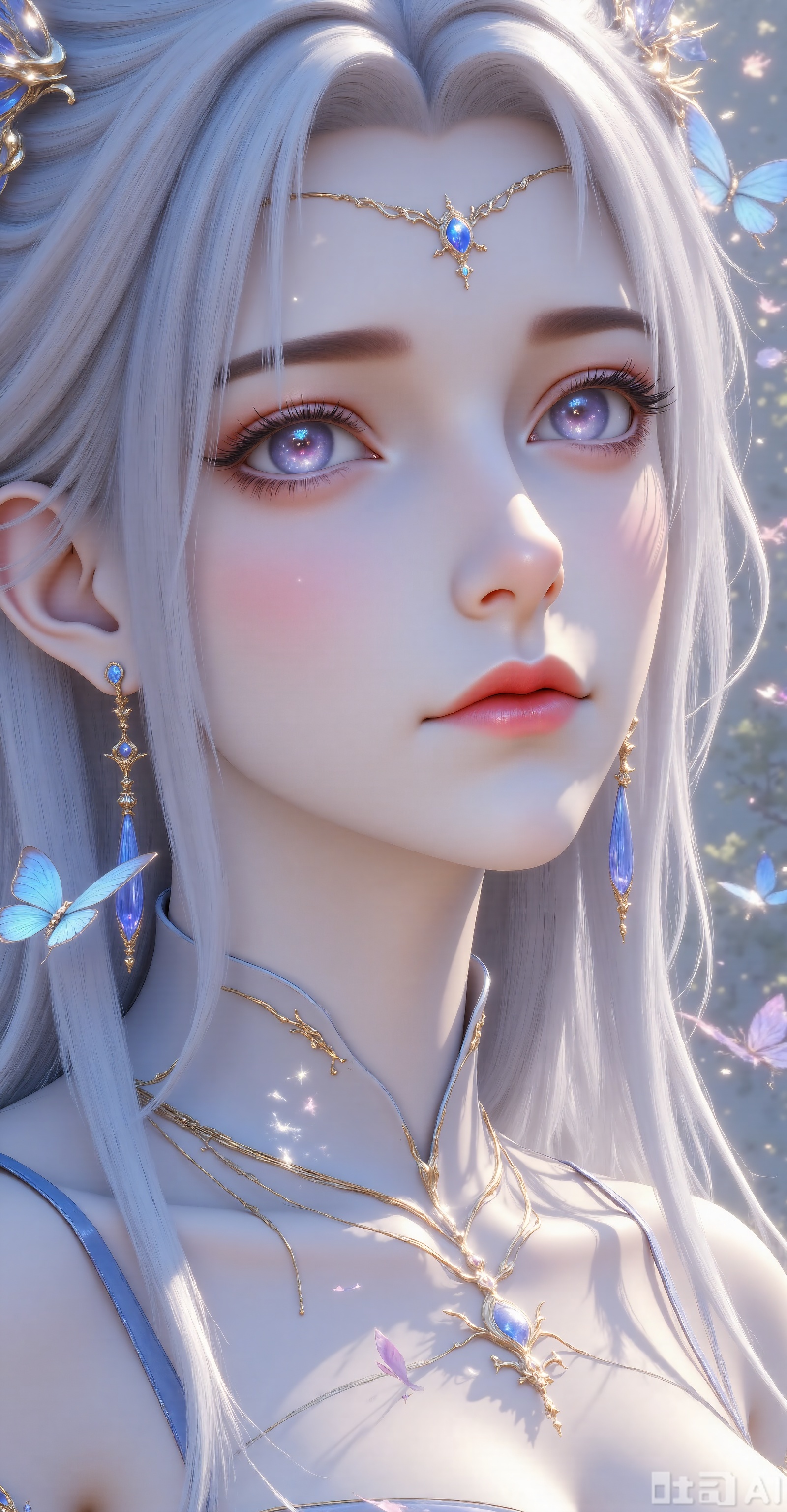 A woman with gray hair, smooth and flowing hair, delicate facial skin, delicate makeup, slender eyelashes and natural pink lips. Special effects elements: A large number of blue butterflies surround the character, some stay on the cheeks and foreheads, some flying between the hair, butterfly wings flashing with a dreamy luster, and the delicate starlight effect creates an extraordinary atmosphere. The posture faces the camera, with a naughty and calm expression, with a hint of desire, giving people a feeling of immersed in beautiful fantasy.