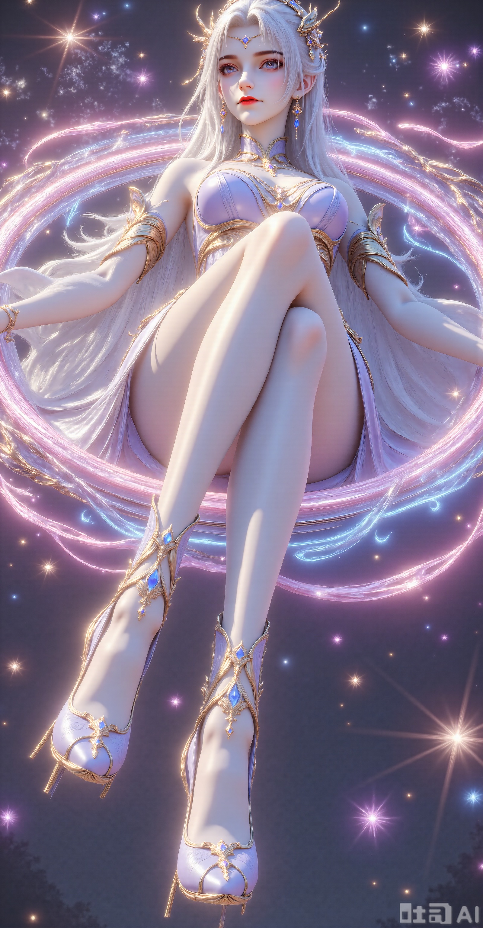 A very detailed CG image depicts a fair-skinned, slim, white-haired woman wearing an exposed ornate dress, golden decorations, eyeshadows, eyes, delicate metal headdresses. She is a girl, masterpiece, 8K quality. Facing the camera, full body close-up. Extra long legs, high heels, lying on the halo. The legs are vertically downward, the soles of the feet are glowing. The background is a colorful halo, mainly composed of pink and blue light bands; the pink light band is soft and elegant, as if the ribbons are dancing in the air; the blue light band is relatively regular, outlining the outer contour of the halo; the light bands interweave to form a rich sense of layering. Lying on the halo. Background celestial bodies: In the background of the halo, nebula-shaped celestial bodies can be vaguely seen, emitting dark blue and mysterious purple light, adding to the cosmic atmosphere of the picture. Half lying position. Flashing starlight: Countless tiny starlight bright spots are distributed in the black background, simulating the stars in the vast universe; in addition, in the upper left corner of the halo, there is a bright flash, similar to the effect of a star burst, adding dynamic and visual impact to the picture. Pose (dynamic element): The light bands in the aura show dynamic effects of flowing and suspending, as if they are constantly rotating and extending in the universe, giving people a sense of agility and vitality. Technical parameters: Skin: 16K surface scattering + hemoglobin; Hair: Based on 2.0 ray tracing technology; Lens: Zeiss OTUS 85mm f/1.2