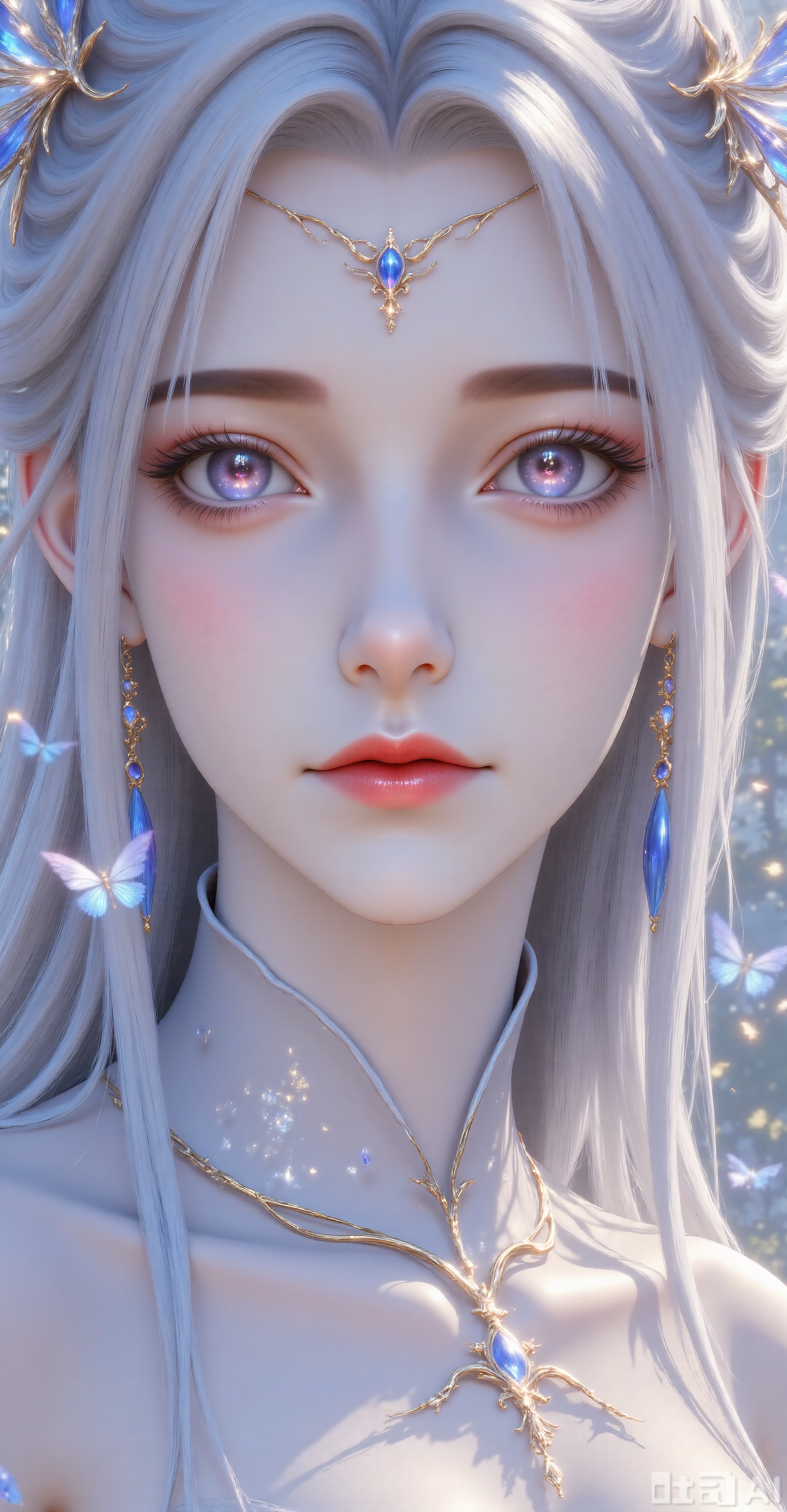 A woman with gray hair, smooth and flowing hair, delicate facial skin, delicate makeup, slender eyelashes and natural pink lips. Special effects elements: A large number of blue butterflies surround the character, some stay on the cheeks and foreheads, some flying between the hair, butterfly wings flashing with a dreamy luster, and the delicate starlight effect creates an extraordinary atmosphere. The posture faces the camera, with a naughty and calm expression, with a hint of desire, giving people a feeling of immersed in beautiful fantasy.