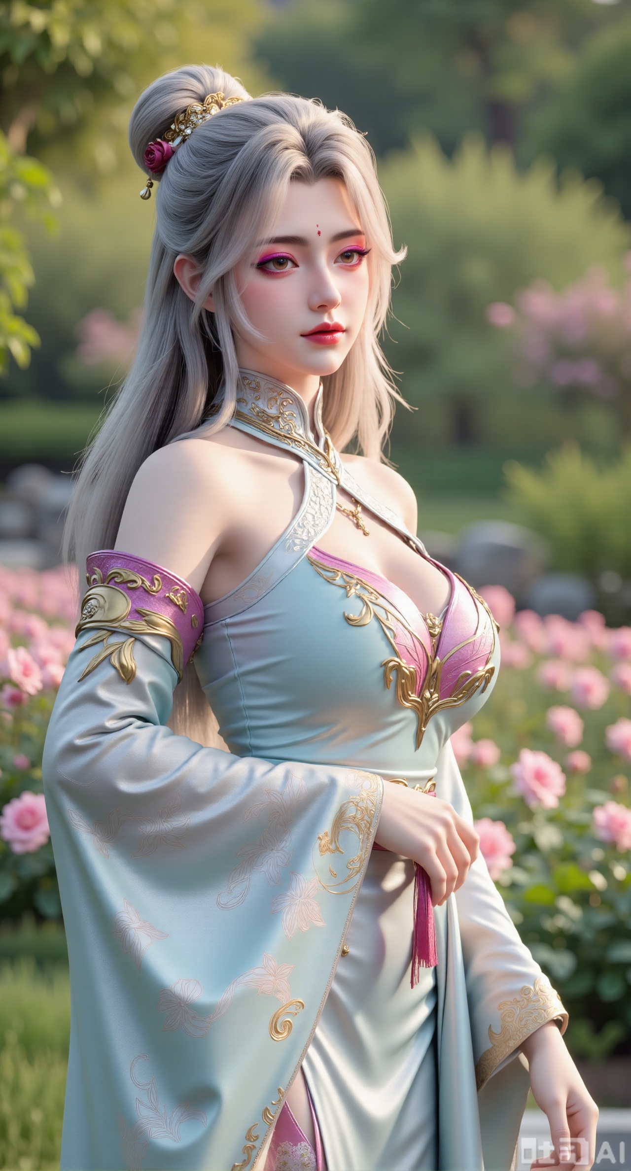 masterpiece:1.2),best quality,,A woman adorned in traditional Chinese attire,featuring a flowing robe with intricate embroidery and floral accents. A garden filled with pink roses and lush greenery. Soft pastel hues of white,blue,and green,creating a serene atmosphere. Photorealistic photography.,,(huge breasts:2.99),(full breasts:2.99),Xbaozhiyinhuaqun,Xlonger,Xxiaoli,Xtangheziqun,Xyunyunshouban