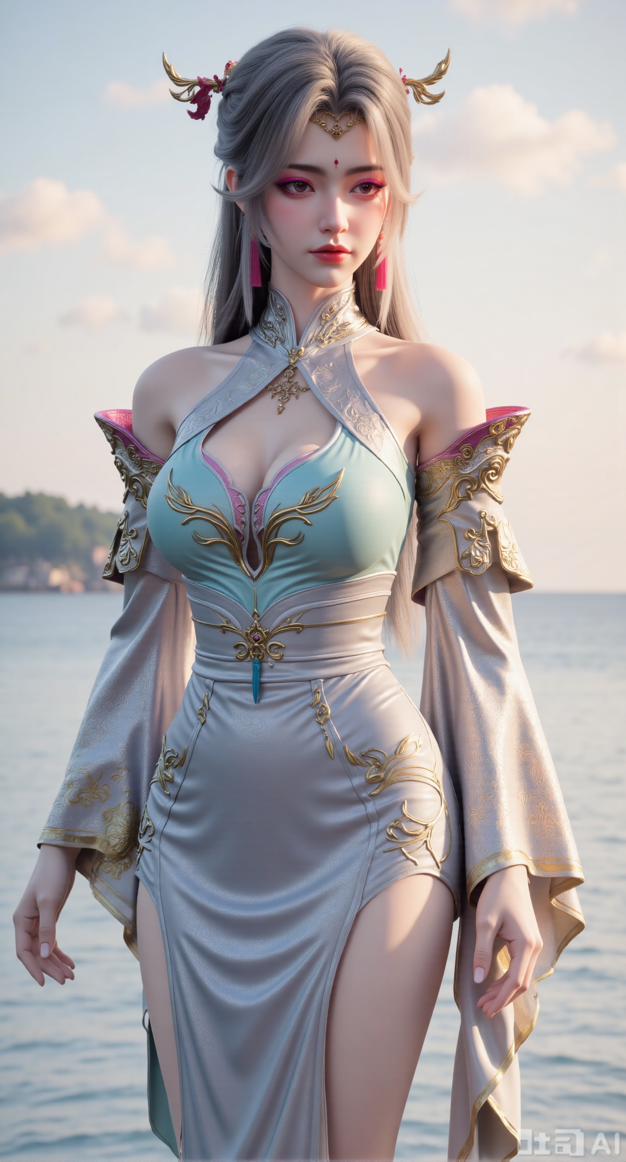 masterpiece, best quality, 1girl,solo,looking at viewer,( outdoor:1.3),sea,beach,realistic,midriff,bare shoulders,standting,hair ornament,long hair,jewelry,long dress,cowboy shot, (huge breasts, full breasts:2.69),Xbaozhiyinhuaqun,Xlonger,Xxiaoli,Xtangheziqun,Xyunyunshouban