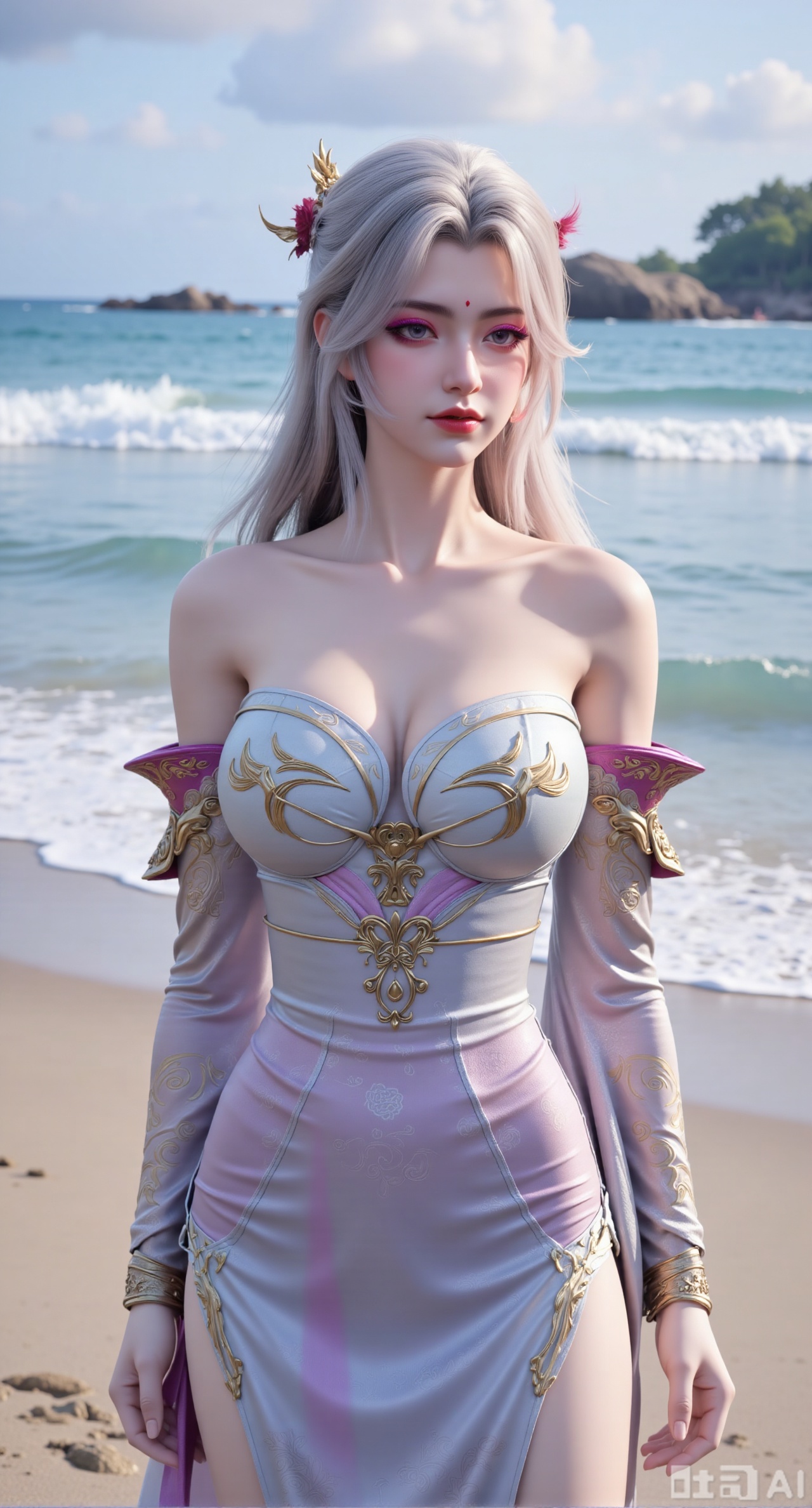 masterpiece, best quality, 1girl,solo,looking at viewer,( outdoor:1.3),sea,beach,realistic,midriff,bare shoulders,standting,hair ornament,long hair,jewelry,long dress,cowboy shot, (huge breasts, full breasts:2.69),Xbaozhiyinhuaqun,Xlonger,Xxiaoli,Xtangheziqun,Xyunyunshouban